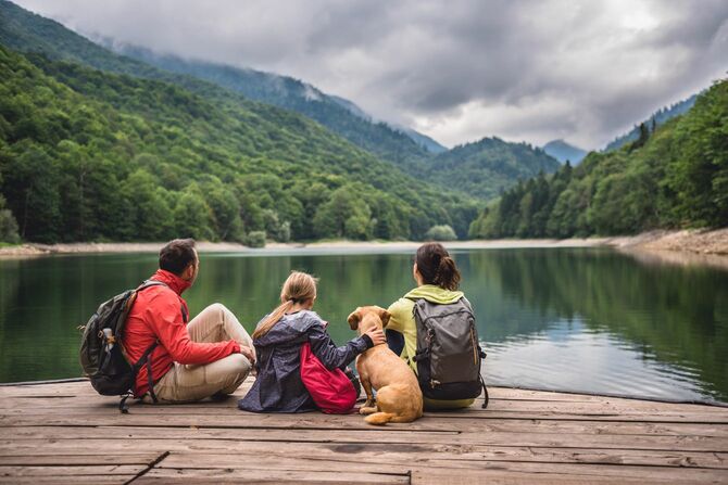 桟橋で休んで湖と霧の山々を見ている家族と犬