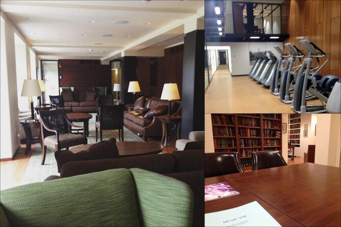 寮のロビーとジム、図書館。寮は廣津留さんの在学中にリニューアルし、ホテルのような雰囲気だった。