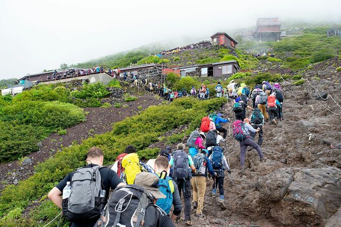 富士山を登る人々の長蛇の列