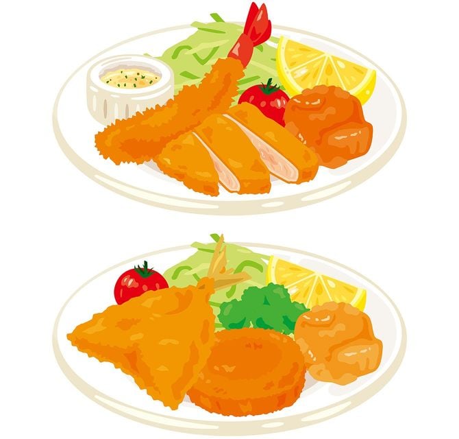 皿に盛られたさまざまな揚げ物のイラスト