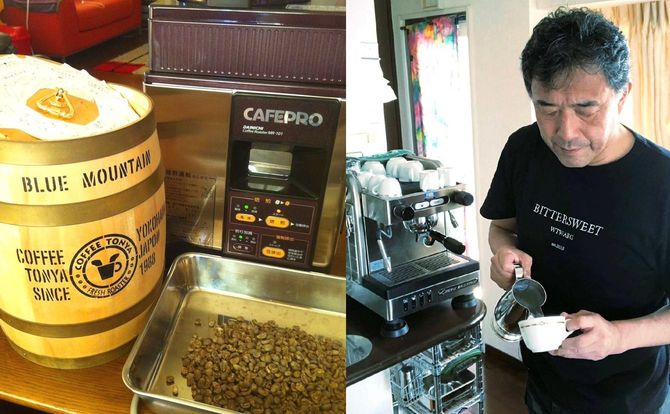 （写真左）山本さんご自慢の焙煎機、（写真右）ラテを作るのはお手の物