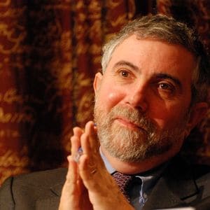 2008年12月7日、ストックホルムのスウェーデン科学アカデミーにて記者会見するノーベル経済科学賞を受賞者したポール・クルーグマン氏