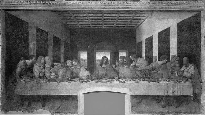 レオナルド・ダ・ヴィンチ〈最後の晩餐〉／1498年　サンタ・マリア・デッレ・グラーツィエ教会　ミラノ／裏切り者のユダを1人だけテーブルの手前に描くのが一般的だった〈最後の晩餐〉を横一列で描いた斬新な構図。隣ではペテロがナイフを持っている。