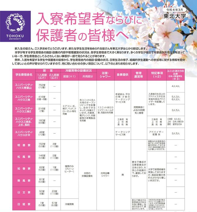 東北大学の寮を案内するパンフレット
