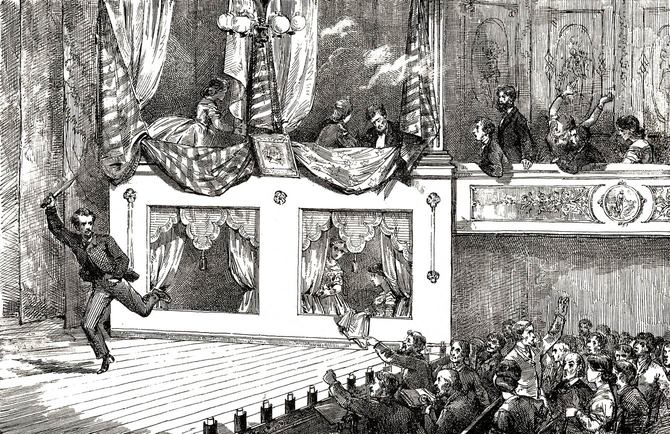 1865年4月14日夜、エイブラハム・リンカーン大統領を暗殺し、ワシントンD.C.のフォード劇場を脱出する、南軍のシンパであり名優だったジョン・ウィルクス・ブースを描いたイラスト