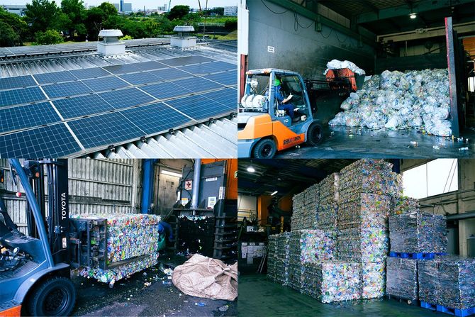 【左上】第2リサイクルセンターの屋根に設置した太陽光発電パネル。　【右上】廃飲料容器を再資源化するためのリサイクル中間処理施設の一つである第2リサイクルセンターには、異物を含めた混合状態で回収されてくる。　【左下】廃飲料容器は選別機を用い、ペットボトル・缶・ビンなどマテリアルごとに選別される。画像は選別後、圧縮されたペットボトル。　【右下】圧縮後のペットボトルや缶は、積み上げられ次の工程を待つ。