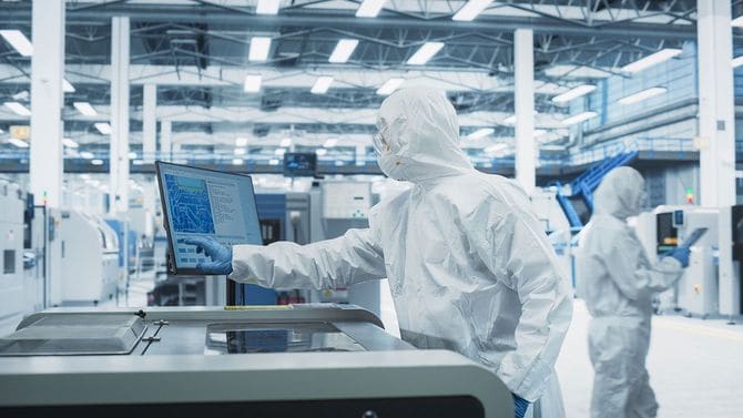 半導体工場のクリーンルームで機械のモニターをチェックする作業員