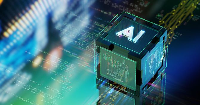 ビッグデータ配列を処理する人工知能ユニット。強力な量子 AI コンポーネント。AIテクノロジーの未来 技術の背景