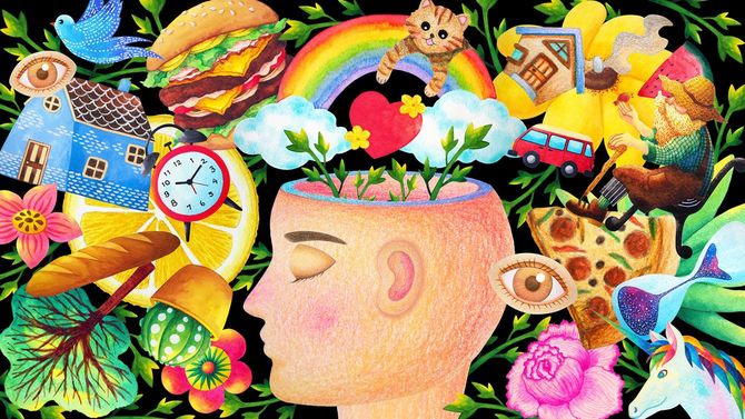 人の頭の中が表されたカラフルなイラスト