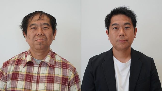モデルの男性は、普段は右のようなシンプルな服を着ている