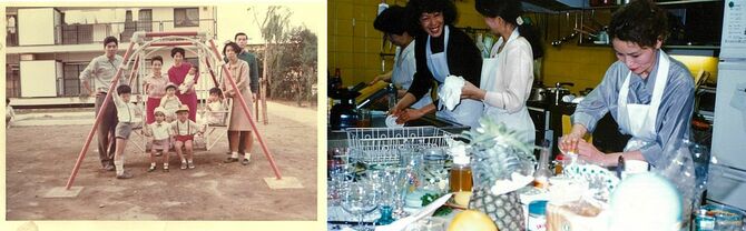 左:1970年頃。社宅で料理教室をはじめた頃(後列左から2番目が村上さん:中野坂上の社宅敷地にて)。右:三田のスタジオでの料理講習(写真右端が村上さん)