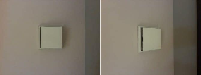 24時間換気システムの給気口。ふたが開いているか確認を（写真は同じ給気口のアングル違い）。