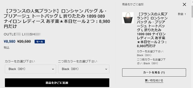 注文画面(ロンシャンバッグ)