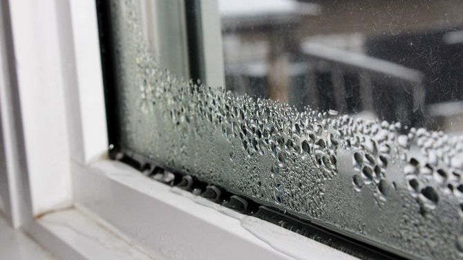 結露している冬の窓