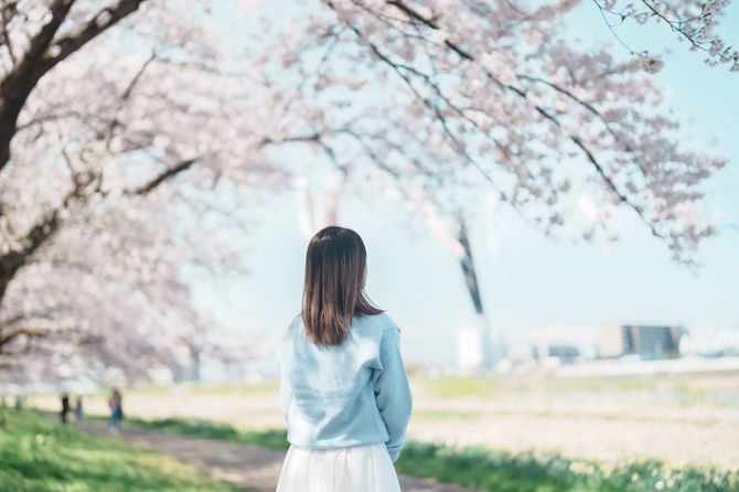 桜の木の下に立つ女性