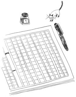 原稿用紙と万年筆と猫