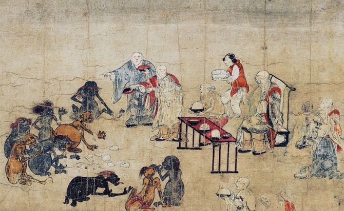 施餓鬼会の様子がユーモラスに描かれている