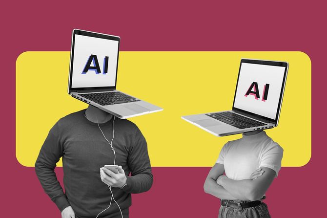 「AI」の文字が表示された画面のパソコンが頭についている2人の人物