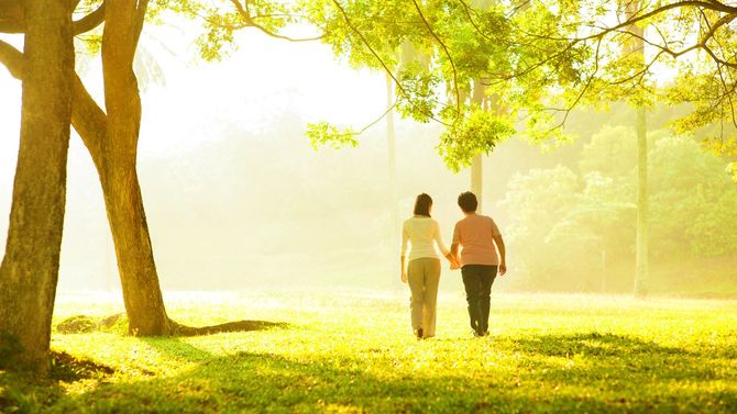 高齢の母親と手をつなぎ、公園で散歩する娘