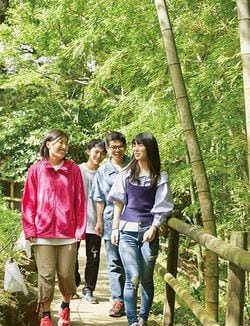 昨夏の勉強合宿の合間、ホテル裏の敷地内を散歩する。左から本間、山口、旗持、勝間田の2年生4人。