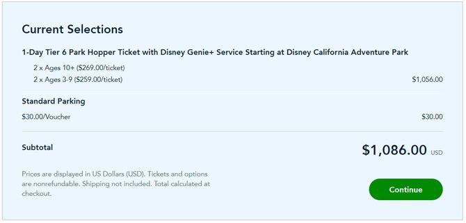 米ディズニーランド・リゾートの公式ウェブページより。大人2人・子供2人で、パークホッパー、ディズニー・ジーニープラス・サービス、駐車場代を含めた合計額。