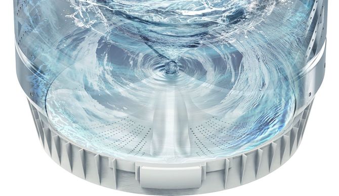 「極渦パルセーター」の大きな羽根が水をしっかり<ruby>攪拌<rt>かくはん</rt></ruby>し、衣類をしっかり洗浄する仕組み