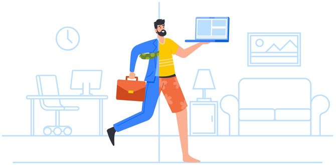 半身はビジネススーツ、半身はリラックスウエアを着用してノートパソコンを持ちながら、オフィスから自宅に移動する男性のイラスト