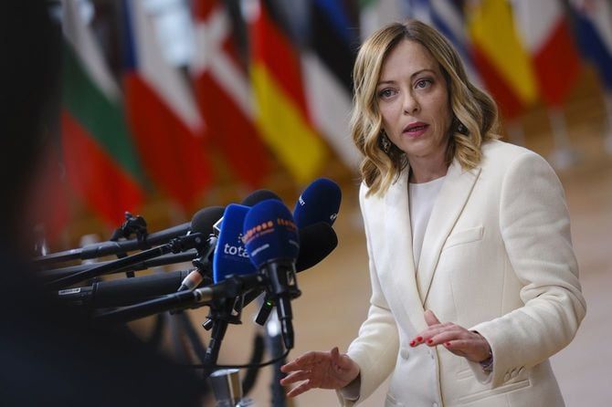 2024年4月18日、欧州理事会の臨時会合に出席したジョルジャ・メローニ氏