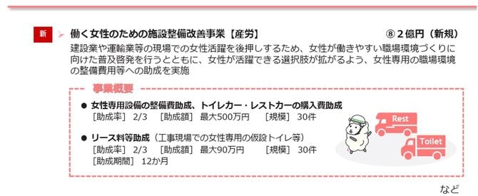 東さんたちが訴えた建設現場で働く女性向けの、トイレカーや仮設トイレ用の助成金が新設された。予算は2億円。3月27日にこの助成金も含めた予算案が可決された（
