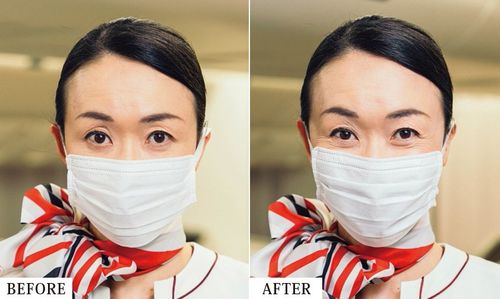 真顔と笑顔では、印象がこんなにも異なる。マスクの中の表情も油断は禁物。見えていなくても、口元はしっかり笑うことが大切だ。