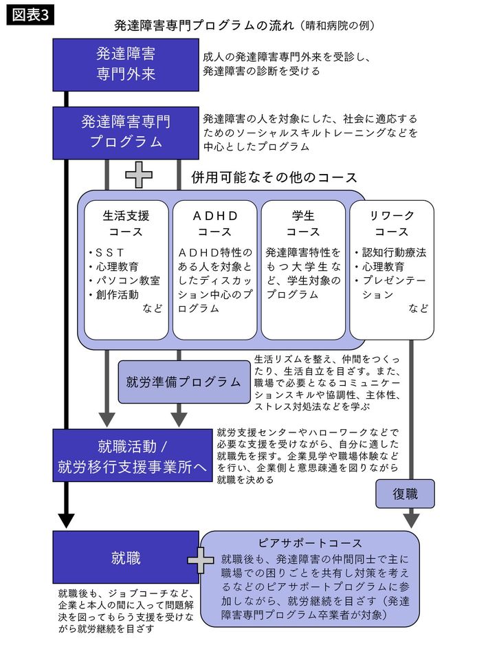 発達障害専門プログラムの流れ（晴和病院の例）（出所＝『<a href="https://www.amazon.co.jp/exec/obidos/ASIN/4833440490/presidentjp-22" target="_blank">ここは、日本でいちばん患者が訪れる 大人の発達障害診療科</a>』より）