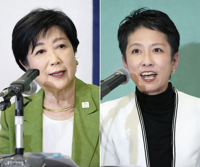 東京都知事選立候補予定者の共同記者会見をする小池百合子氏（左）と蓮舫氏＝2024年6月19日午後、東京・内幸町の日本記者クラブ