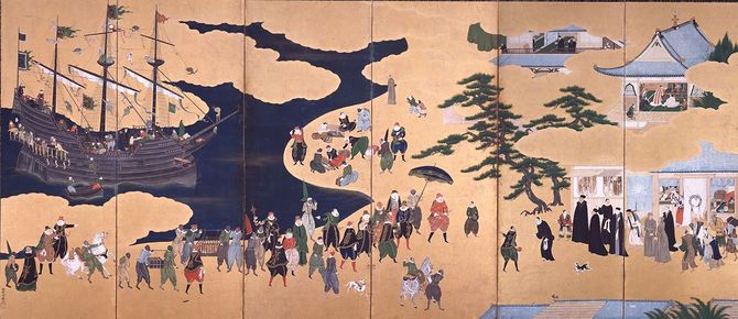  狩野内膳作『南蛮人渡来図』（写真＝CC-PD-Mark／Wikimedia Commons）