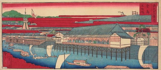 笹木芳光・筆。堂島米会所の浮世絵。大阪府立中之島図書館所蔵