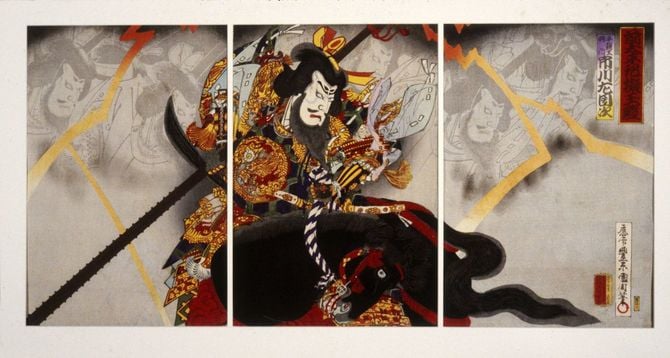 平将門の伝説は後に歌舞伎の題材にもなった――豊原国周による浮世絵『前太平記擬玉殿　平親王将門 市川左団次』（1890）