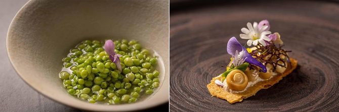 （左）涙豆と生ハムの出汁、（右）ユキワリ茸のマリネ