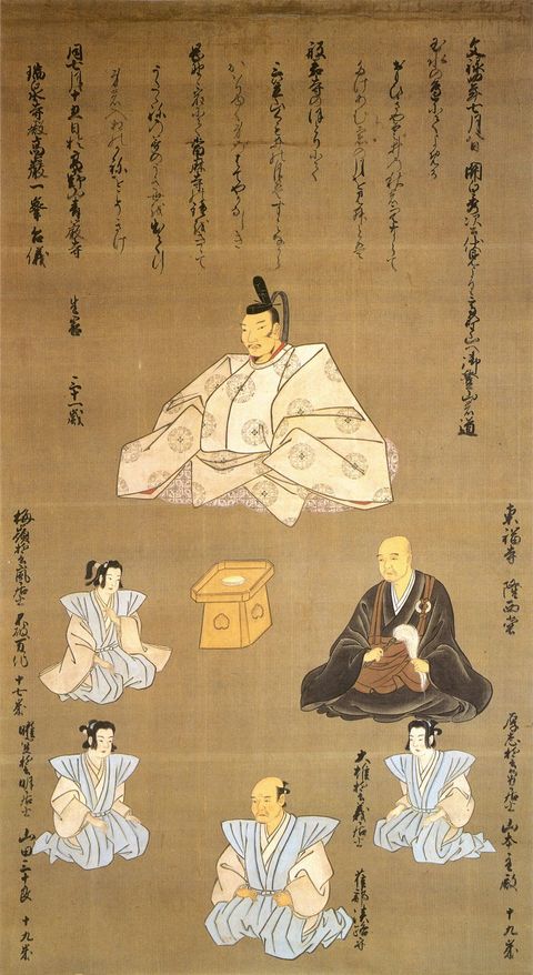 豊臣秀次像(周囲に玄隆西堂、山本主殿、不破万作、山田三十郎、雀部淡路守を配す)瑞泉寺所蔵