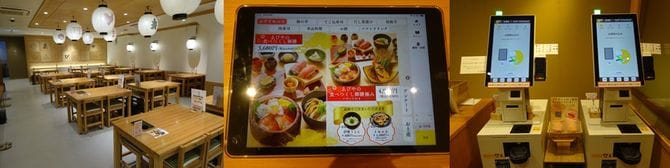 写真左＝ゑびや大食堂の店内／写真中央＝店内のテーブルには注文用のタブレットが置かれている／写真右＝いち早く導入されたセルフレジ