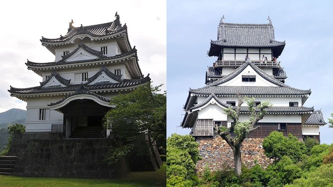 左が層塔型天守の宇和島城、右が望楼型天守の犬山城