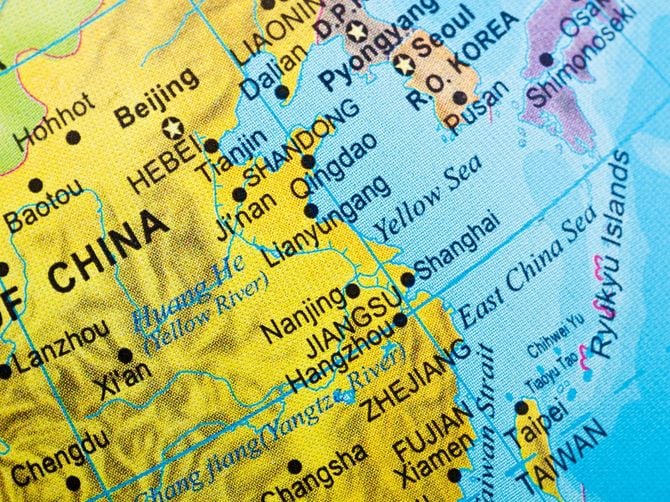 中国東部、朝鮮半島、台湾、日本の一部の地図