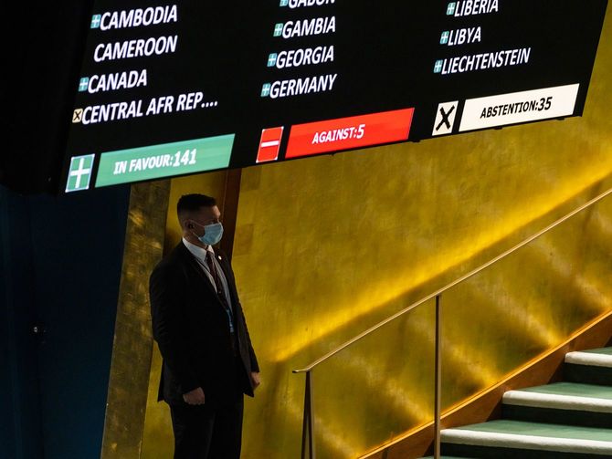 2022年3月2日、米ニューヨークの国連本部で開催された国連総会第11回緊急特別会合