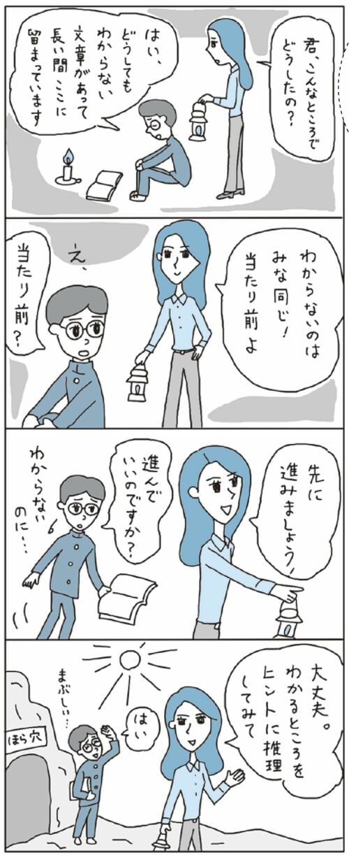 わからない文章を解くために洞窟にこもる学生のマンガ
