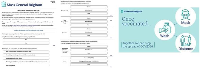 （左）接種終了後、3日間毎日副反応をチェックするメールが来て、アプリで返答するようになっている。／（右）接種が終わっても、感染対策を怠らないように指導がある