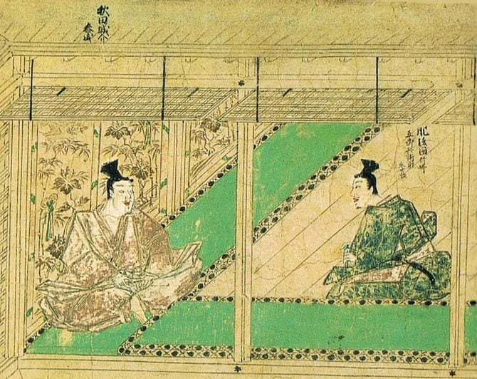 『蒙古襲来絵詞』前巻、絵九。竹崎季長が、安達邸で御恩奉行の安達泰盛に「先駆けの功」を訴える場面。