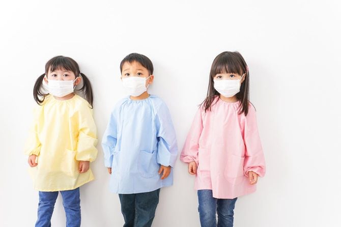 不織布マスクをつけた3人の園児
