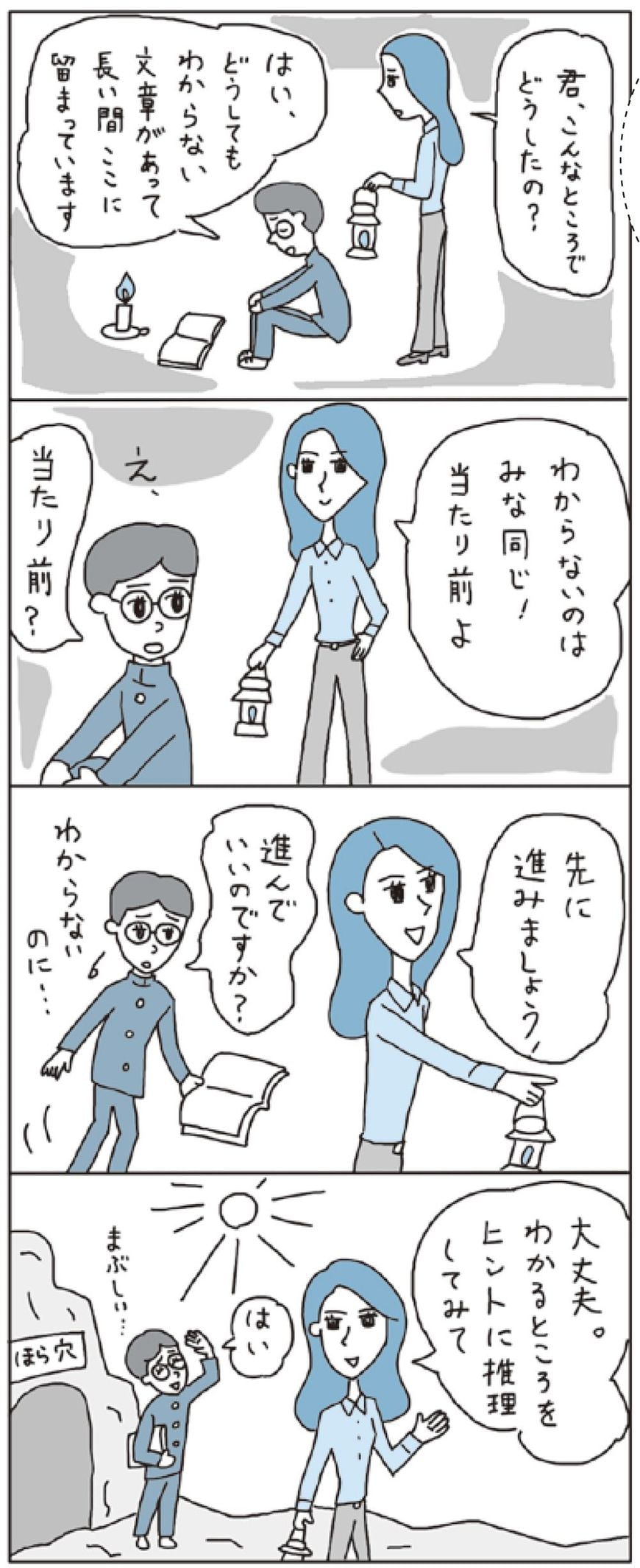 わからない文章を解くために洞窟にこもる学生のマンガ