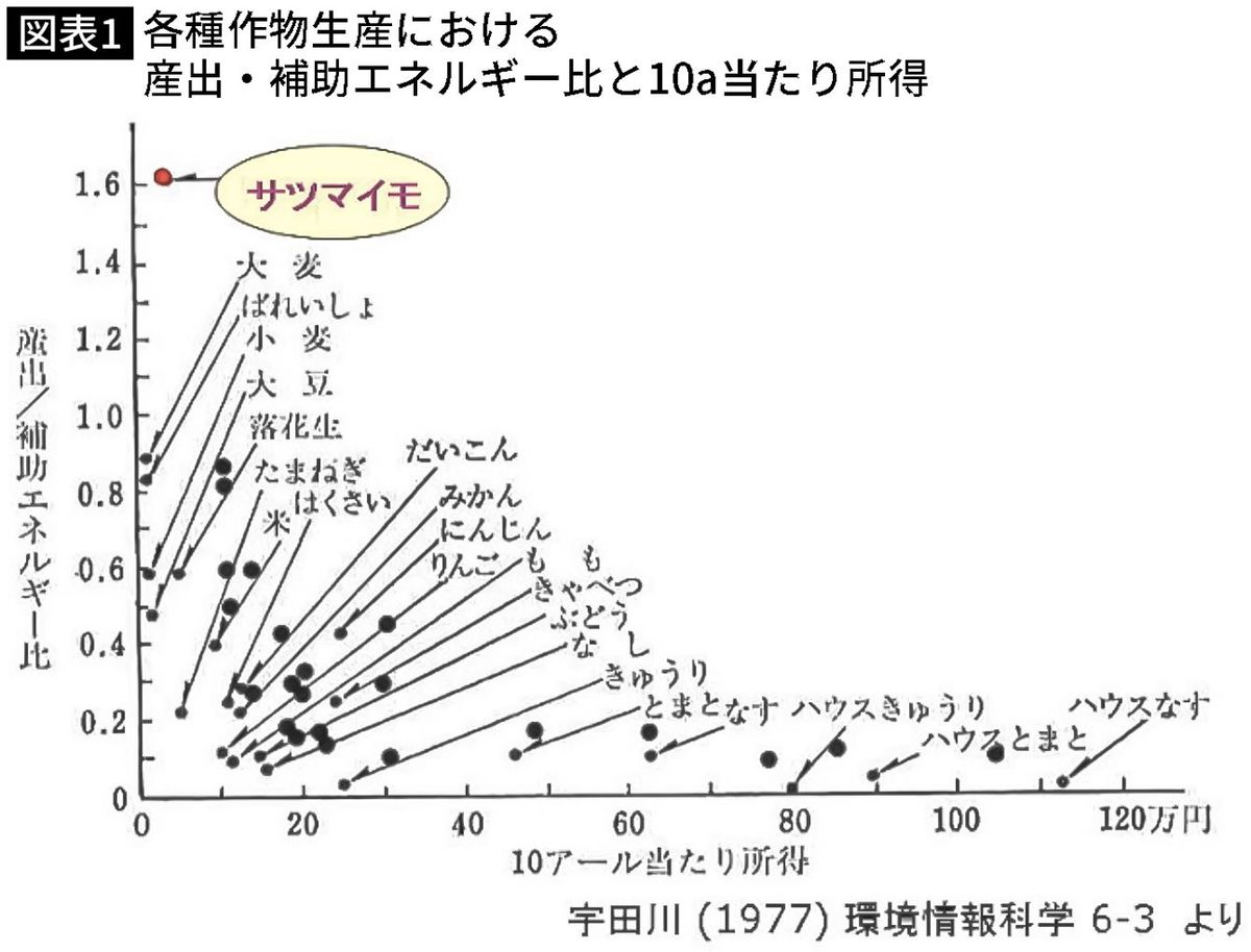 【図表】各種作物生産における 産出・補助エネルギー比と10a当たり所得