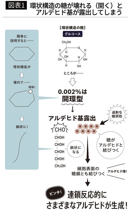 【図表1】環状構造の糖が壊れる（開く）と、アルデヒド基が露出してしまう