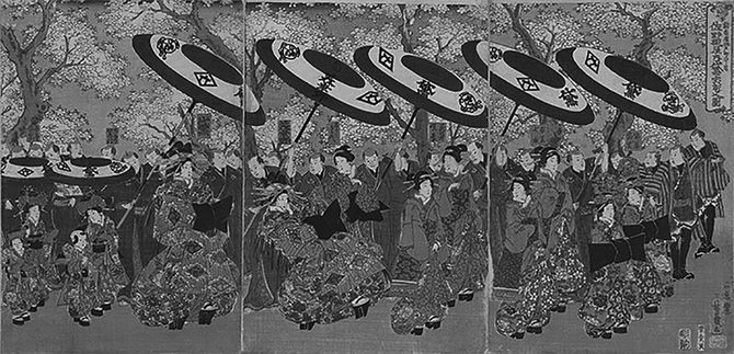 絢爛の極み、桜の下の吉原花魁道中（「江戸名所図会」＝国立国会図書館蔵）