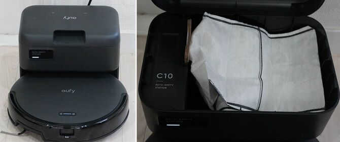 左）アンカーは、自動ゴミ収集ステーションがあるので充電台の部分が大きめ。とはいえ、他社と比べるとかなり小さい　右）充電ステーションに格納されている紙パック。ここにゴミを溜めておける